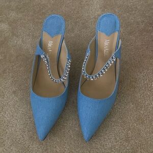 Denim mule heels